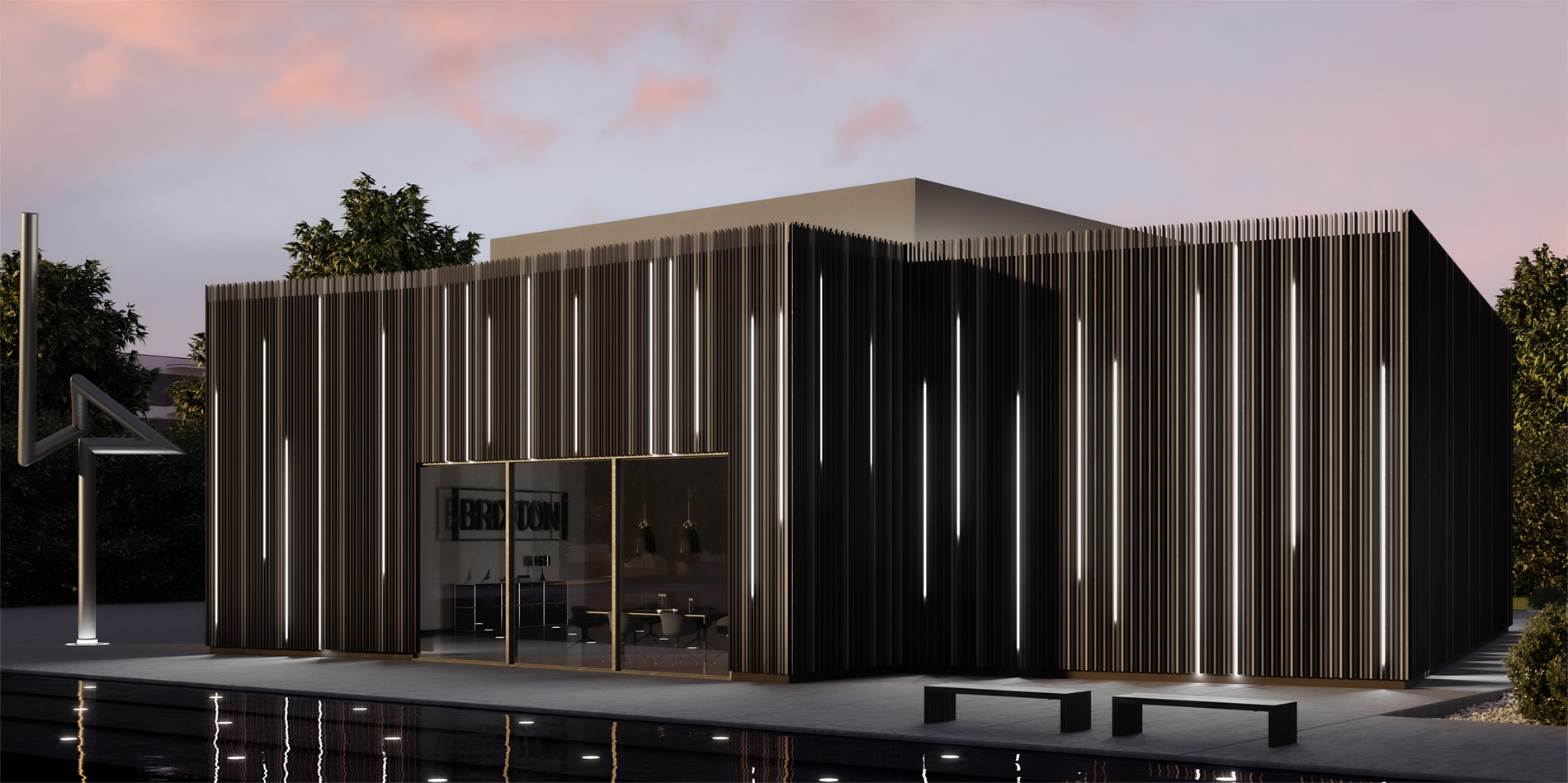Wall grazer lighting on textured stone facade